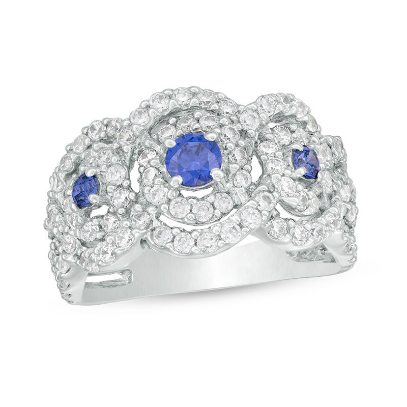 Main Image 1 of Tanzanite and Lab-Created White Sapphire Three Stone Ring in Sterling Silver