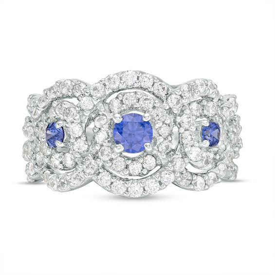 Tanzanite and Lab-Created White Sapphire Three Stone Ring in Sterling Silver