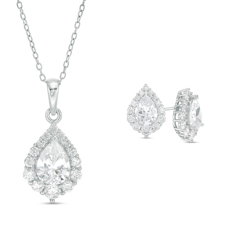 Main Image 1 of Pear-Shaped Lab-Created White Sapphire Frame Pendant and Stud Earrings Set in Sterling Silver