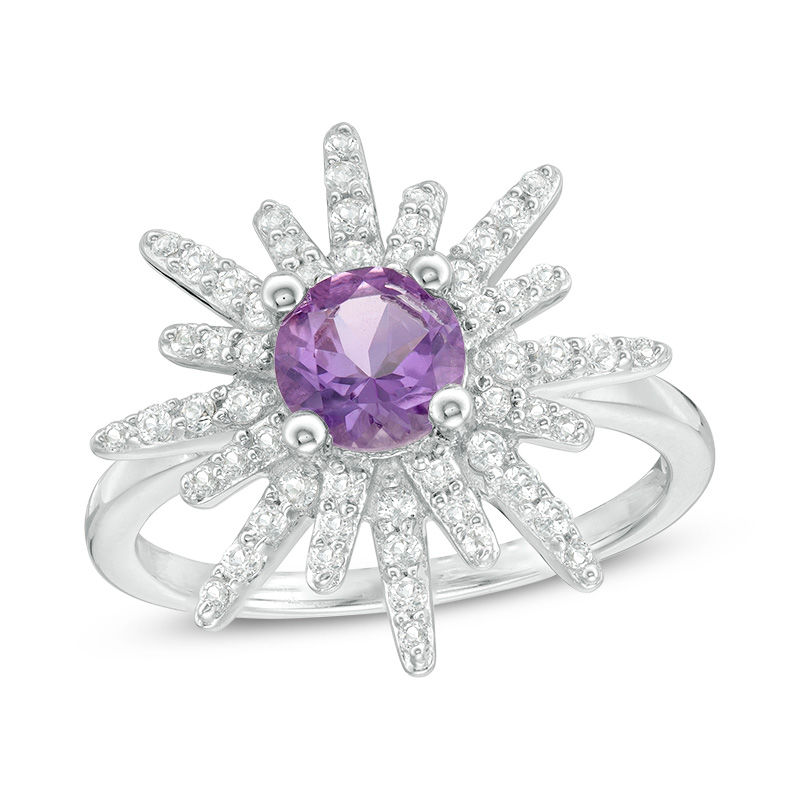 6.0mm Amethyst and White Topaz Star Frame Ring in Sterling Silver