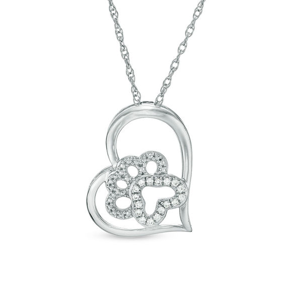 Lab-Created White Sapphire Dog Paw Print Heart Pendant in Sterling Silver