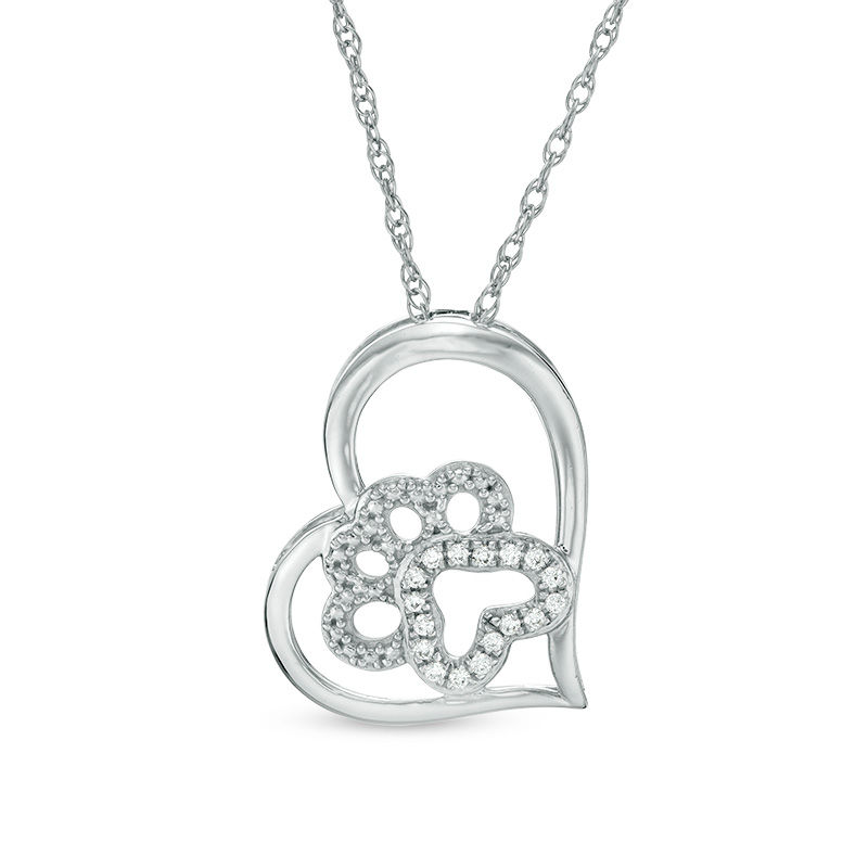 Main Image 1 of Lab-Created White Sapphire Dog Paw Print Heart Pendant in Sterling Silver