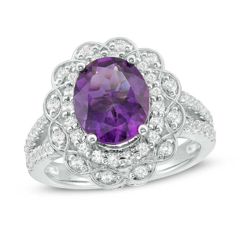 Main Image 1 of Oval Amethyst and Lab-Created White Sapphire Scallop Frame Split Shank Ring in Sterling Silver