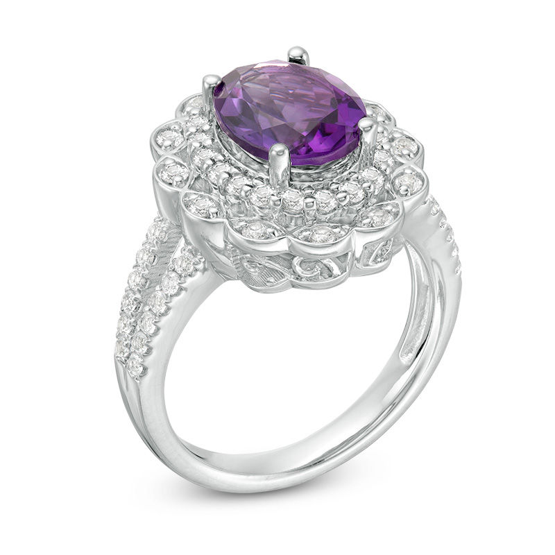Main Image 2 of Oval Amethyst and Lab-Created White Sapphire Scallop Frame Split Shank Ring in Sterling Silver