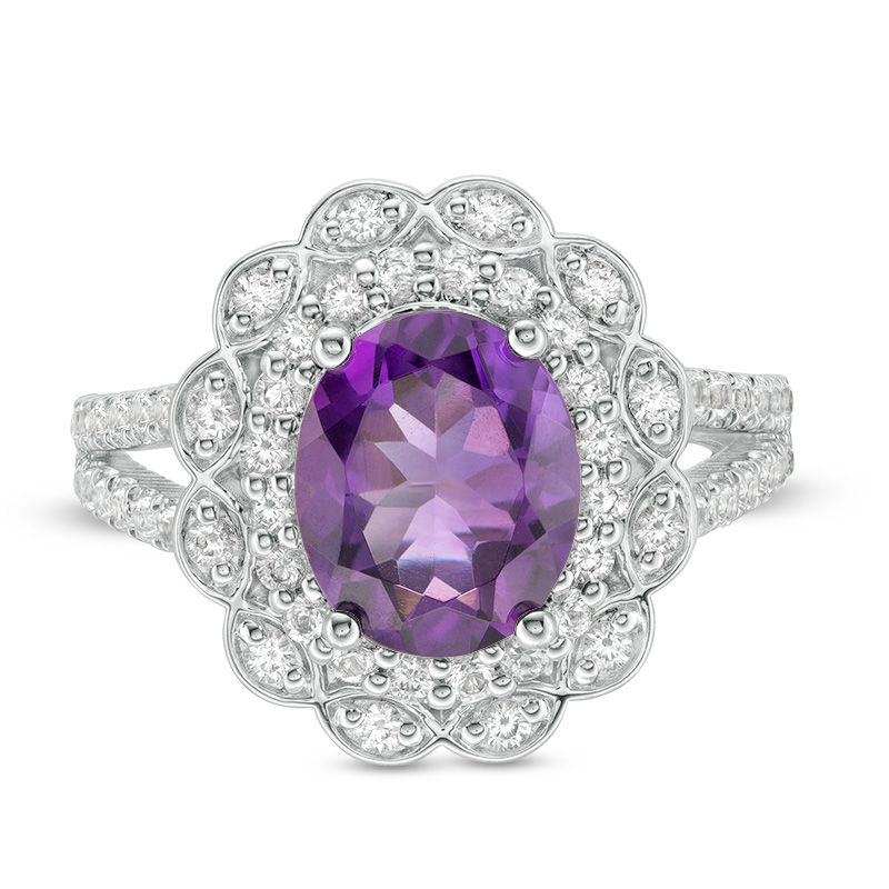 Main Image 3 of Oval Amethyst and Lab-Created White Sapphire Scallop Frame Split Shank Ring in Sterling Silver