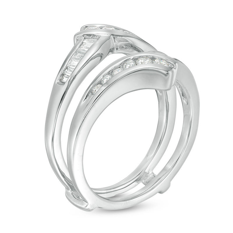 1/2 CT. T.W. Baguette and Round Diamond Bypass Solitaire Enhancer in 14K White Gold