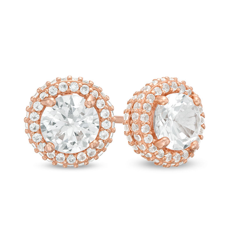 6.0mm Lab-Created White Sapphire Stacked Frame Stud Earrings in Sterling Silver with 14K Rose Gold Plate