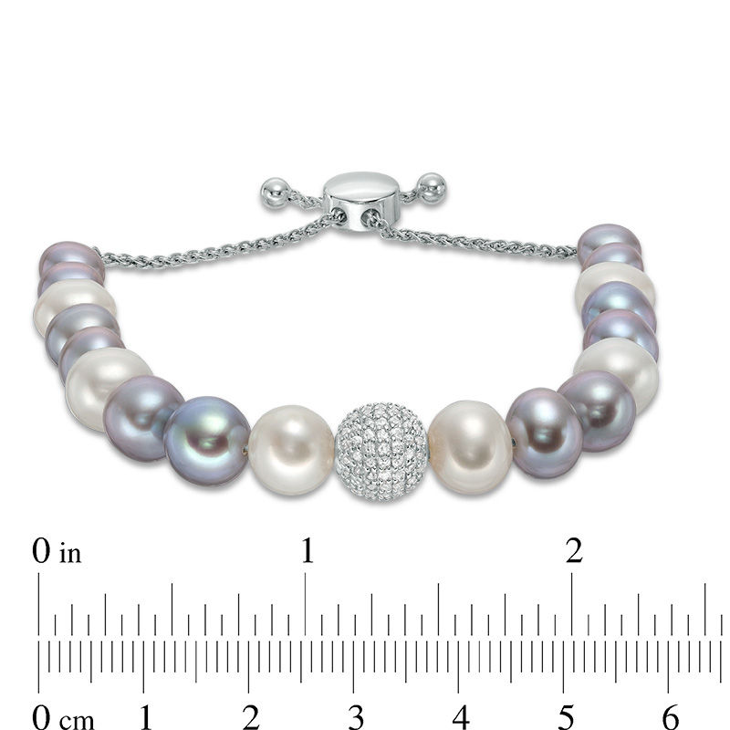 Main Image 2 of 6.5-9.0mm Freshwater Cultured Pearl and Lab-Created White Sapphire Bolo Bracelet in Sterling Silver-9.0"