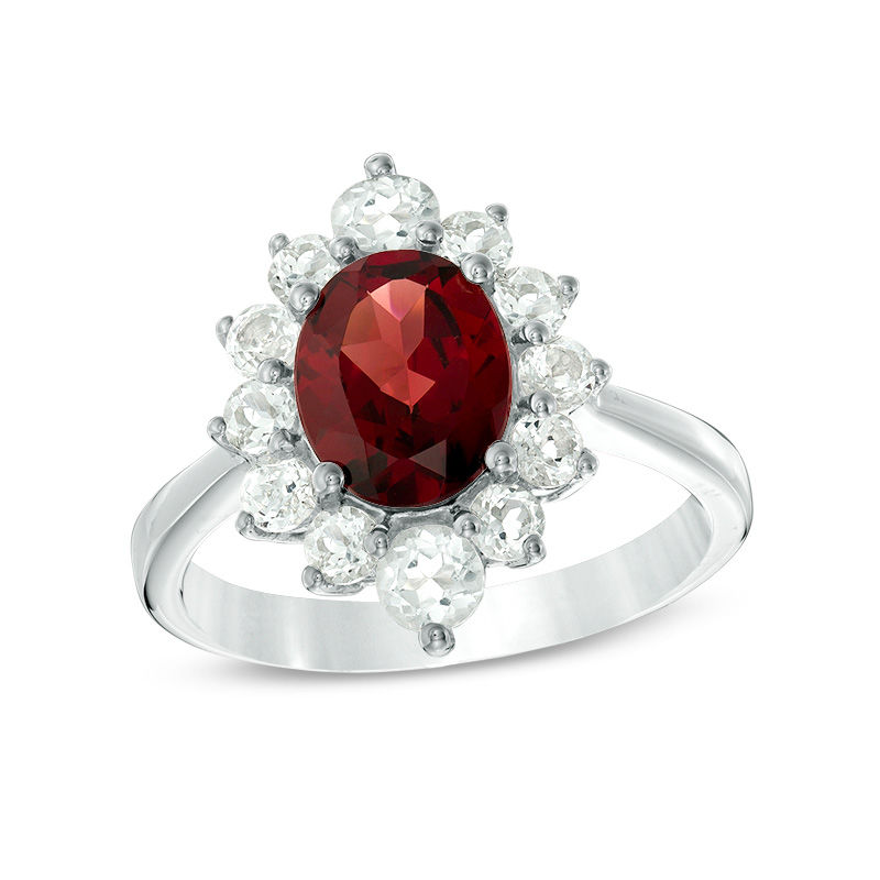 Main Image 1 of Oval Garnet and White Topaz Frame Ring in Sterling Silver