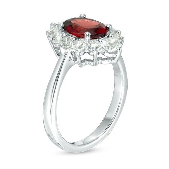 Oval Garnet and White Topaz Frame Ring in Sterling Silver