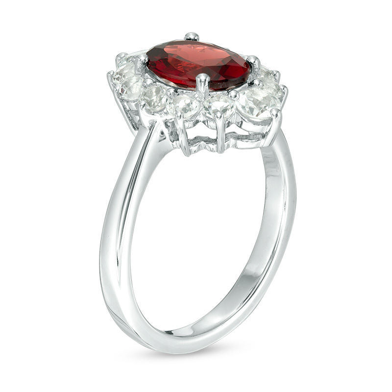 Main Image 2 of Oval Garnet and White Topaz Frame Ring in Sterling Silver