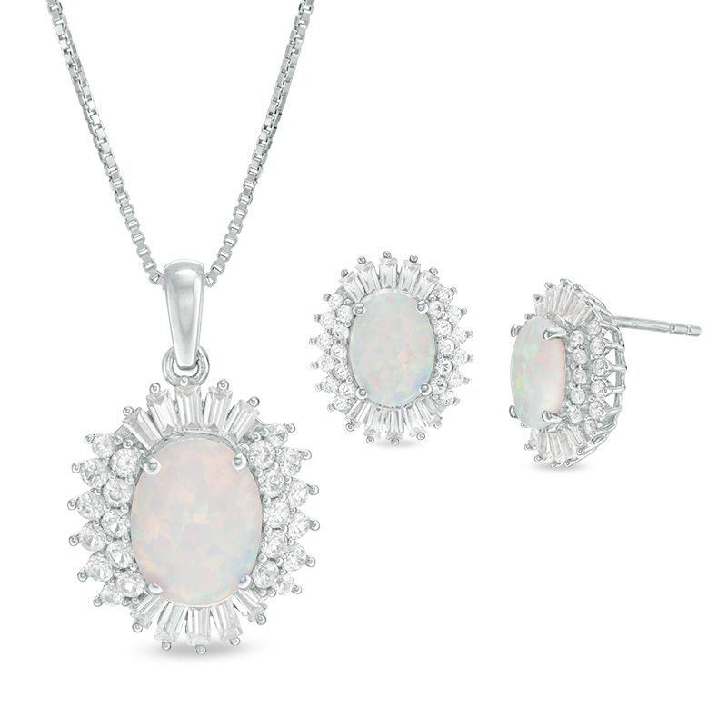 Main Image 1 of Oval Lab-Created Opal and White Sapphire Starburst Frame Pendant and Stud Earrings Set in Sterling Silver