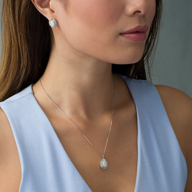 Main Image 2 of Oval Lab-Created Opal and White Sapphire Starburst Frame Pendant and Stud Earrings Set in Sterling Silver
