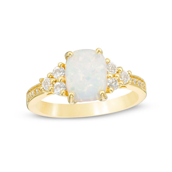 Elongated Cushion-Cut Lab-Created Opal and White Topaz Tri-Sides Ring ...