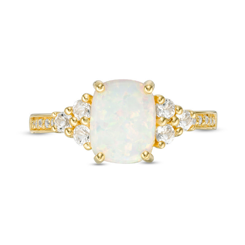 Elongated Cushion-Cut Lab-Created Opal and White Topaz Tri-Sides Ring in Sterling Silver with 18K Gold Plate