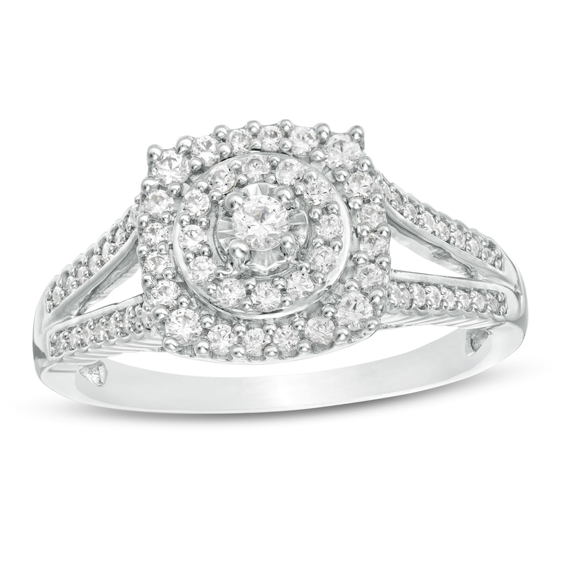Main Image 1 of 1/2 CT. T.W. Diamond Cushion Frame Split Shank Ring in 10K White Gold