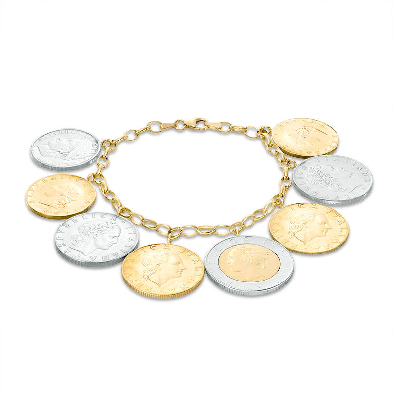 Made in Italy Bronze and Stainless Steel Lire Coins Bracelet in 14K Gold - 7.5"