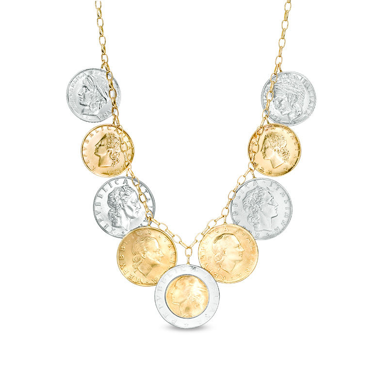 Main Image 1 of Made in Italy Bronze and Stainless Steel Lire Coins Necklace in 14K Gold