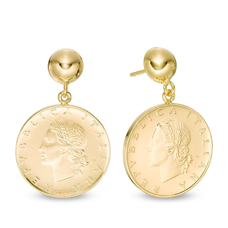 Made in Italy Bronze Lire Coin Drop Earrings in 14K Gold