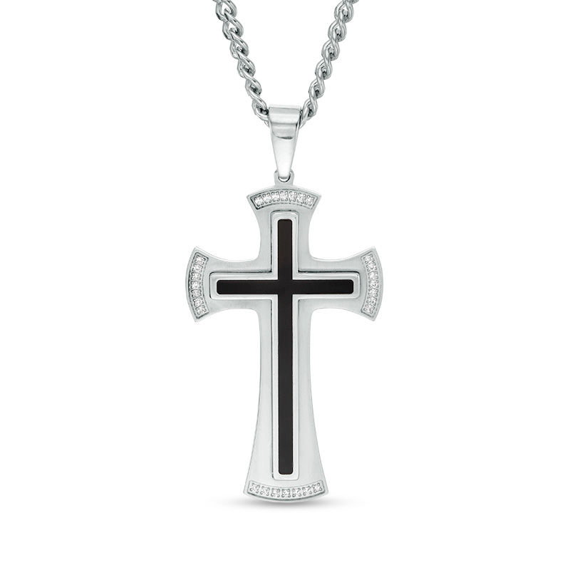 Main Image 1 of Men's 1/8 CT. T.W. Diamond Satin Finish Cross Pendant in Stainless Steel with Black Resin Inlay - 24"