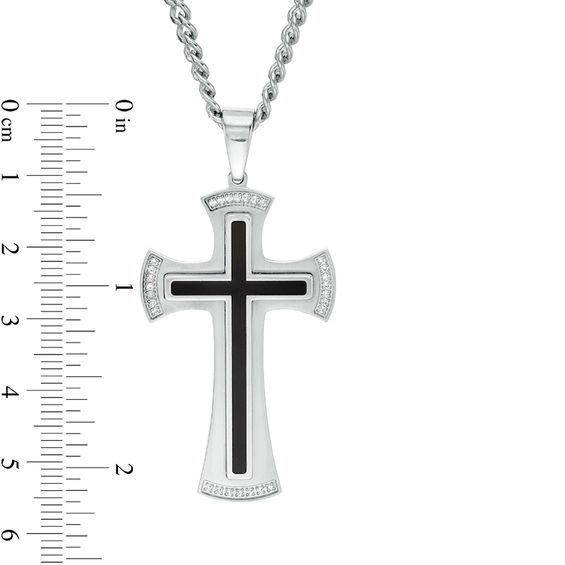 Men's 1/8 CT. T.w. Diamond Satin Finish Cross Pendant in Stainless Steel with Black Resin Inlay - 24"