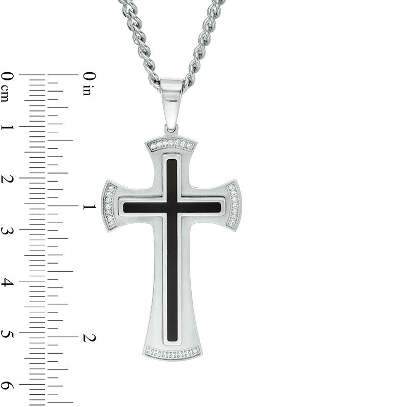 Main Image 2 of Men's 1/8 CT. T.W. Diamond Satin Finish Cross Pendant in Stainless Steel with Black Resin Inlay - 24"