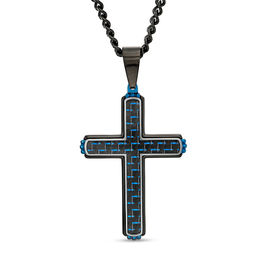 Men's Two-Tone Carbon fiber Cross Pendant in Stainless Steel and Black and Blue IP - 24&quot;