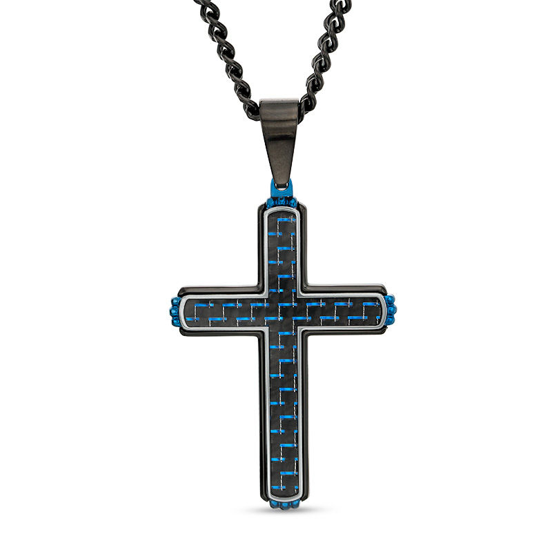 Men's Two-Tone Carbon fiber Cross Pendant in Stainless Steel and Black and Blue IP - 24"
