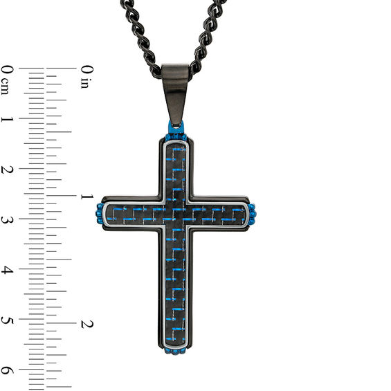 Men's Two-Tone Carbon fiber Cross Pendant in Stainless Steel and Black and Blue IP - 24"