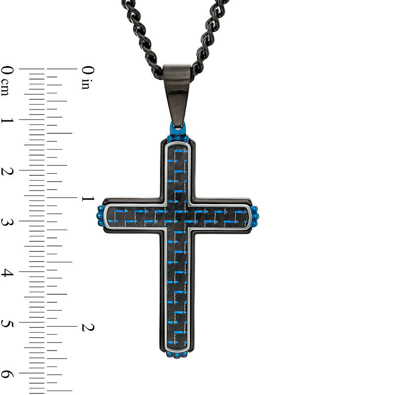 Men's Two-Tone Carbon fiber Cross Pendant in Stainless Steel and Black and Blue IP - 24"