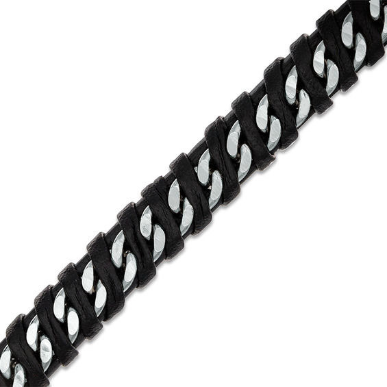 8.0mm Black Faux Leather Wrapped Curb Chain Bracelet in Stainless Steel - 8.5"