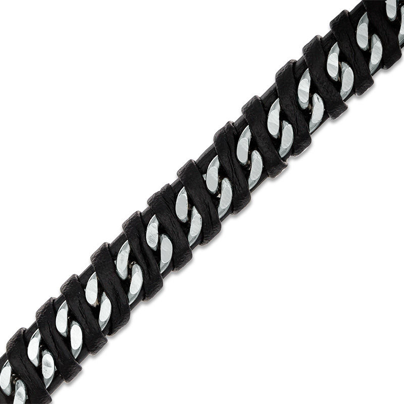 Main Image 1 of 8.0mm Black Faux Leather Wrapped Curb Chain Bracelet in Stainless Steel - 8.5"