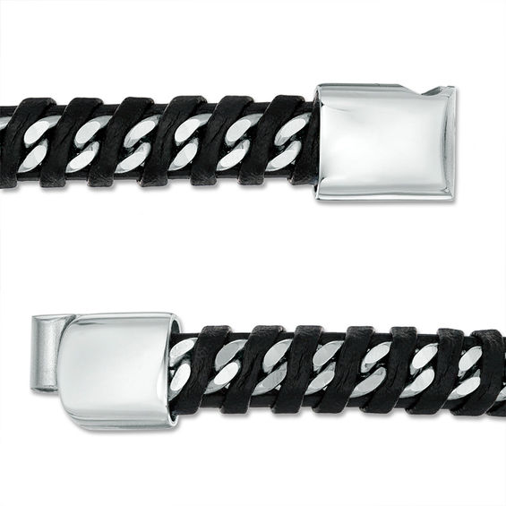 8.0mm Black Faux Leather Wrapped Curb Chain Bracelet in Stainless Steel - 8.5"