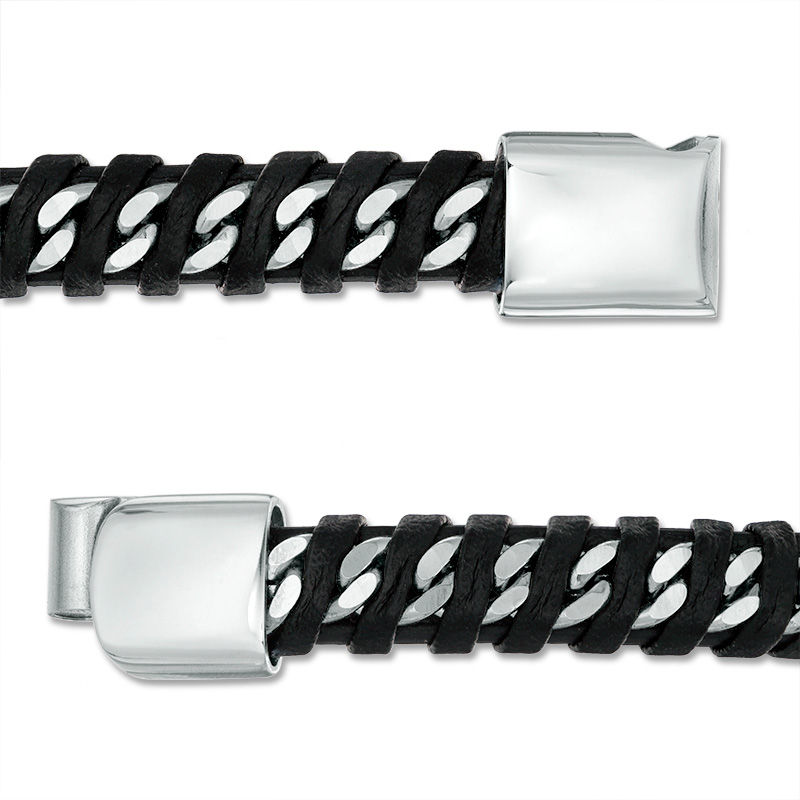 Main Image 2 of 8.0mm Black Faux Leather Wrapped Curb Chain Bracelet in Stainless Steel - 8.5"