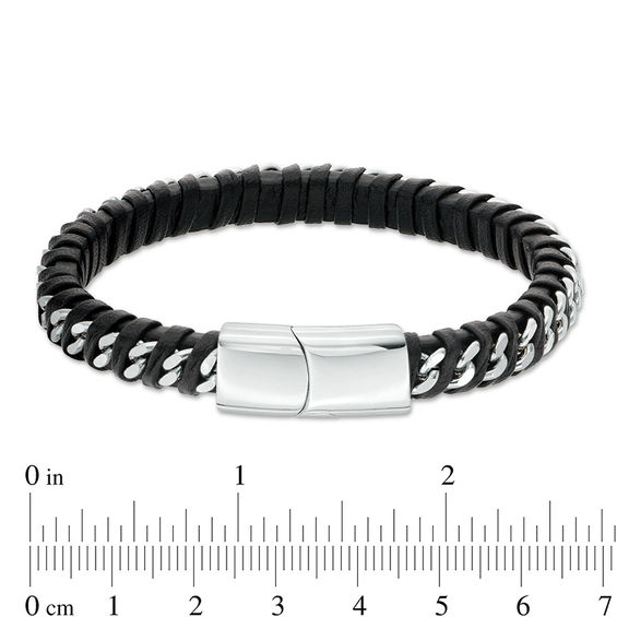 8.0mm Black Faux Leather Wrapped Curb Chain Bracelet in Stainless Steel - 8.5"