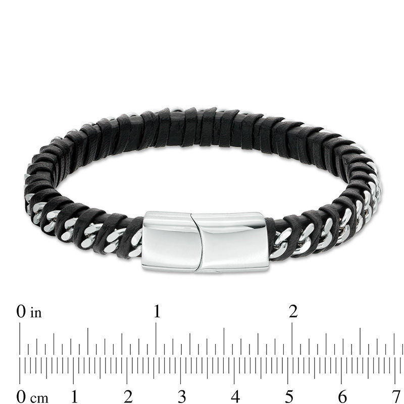Main Image 3 of 8.0mm Black Faux Leather Wrapped Curb Chain Bracelet in Stainless Steel - 8.5"