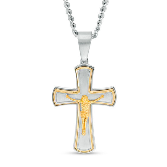 Men's Multi-Finish Crucifix Pendant in Stainless Steel and Yellow IP ...