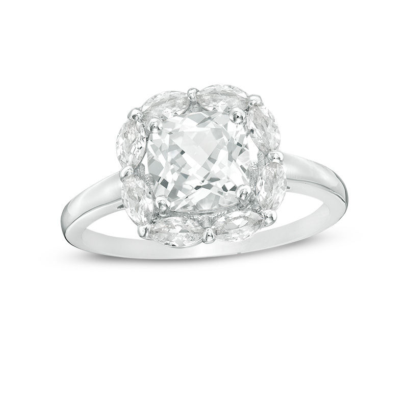 7.0mm Cushion-Cut Lab-Created White Sapphire Frame Engagement Ring in Sterling Silver