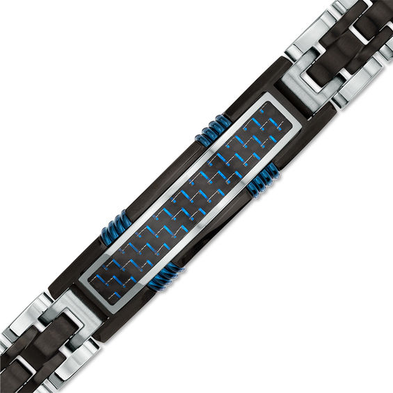 Two-Tone Carbon fiber ID Bracelet in Stainless Steel and Black and Blue IP - 8.5"