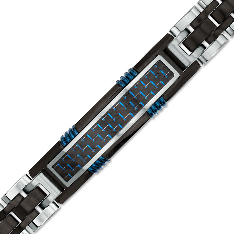 Main Image 1 of Men's Two-Tone Carbon fiber ID Bracelet in Stainless Steel and Black and Blue IP - 8.5"