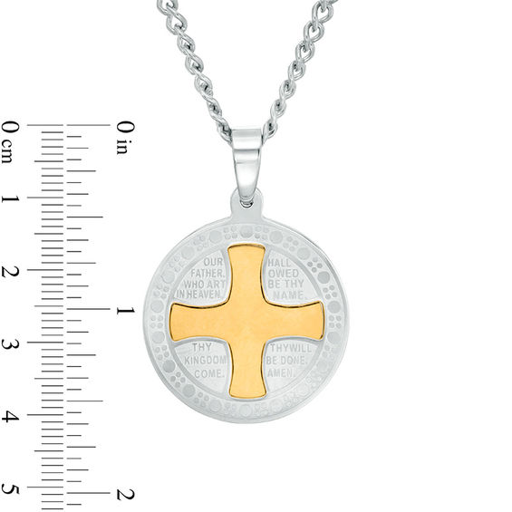 Men's Multi-Finish Lord's Prayer and Cross Framed Medallion Pendant in Stainless Steel and Yellow IP - 24"