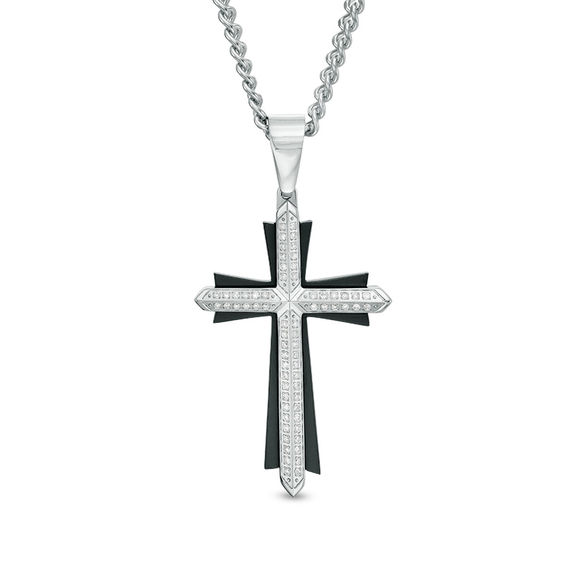 Men's 1/3 CT. T.w. Diamond Double Row Layered Cross Pendant in Stainless Steel and Black IP - 24"