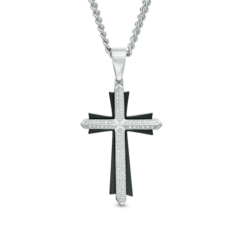 Main Image 1 of Men's 1/3 CT. T.W. Diamond Double Row Layered Cross Pendant in Stainless Steel and Black IP - 24"