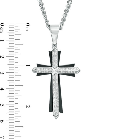 Men's 1/3 CT. T.w. Diamond Double Row Layered Cross Pendant in Stainless Steel and Black IP - 24"