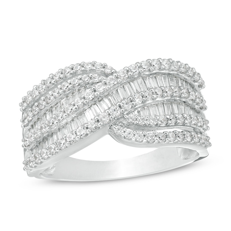 Main Image 1 of 1 CT. T.W. Baguette and Round Diamond Multi-Row Crossover Ring in 10K White Gold