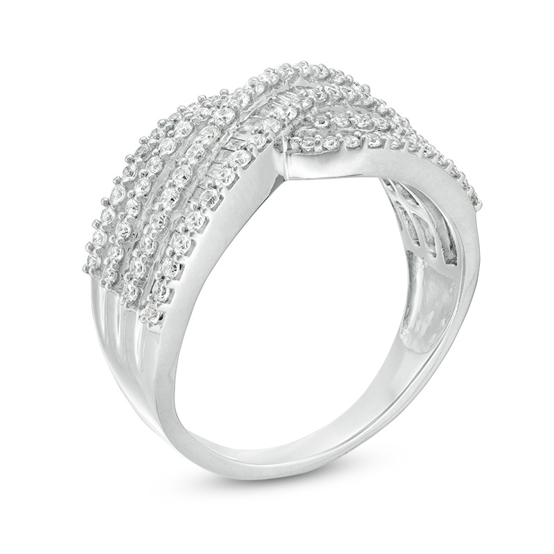 Main Image 2 of 1 CT. T.W. Baguette and Round Diamond Multi-Row Crossover Ring in 10K White Gold