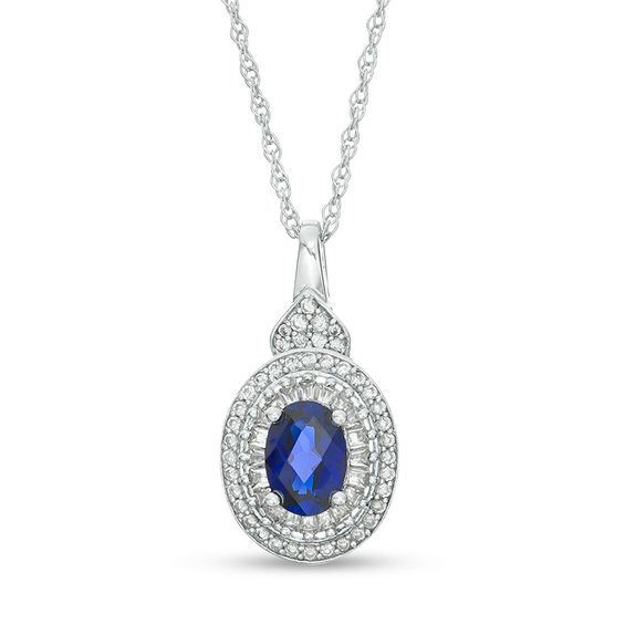 Oval Lab-Created Blue and White Sapphire Double Frame Petal Accent Pendant in Sterling Silver