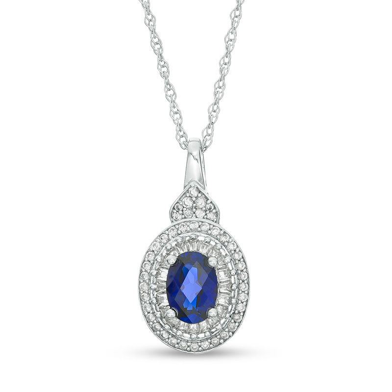 Oval Lab-Created Blue and White Sapphire Double Frame Petal Accent Pendant in Sterling Silver