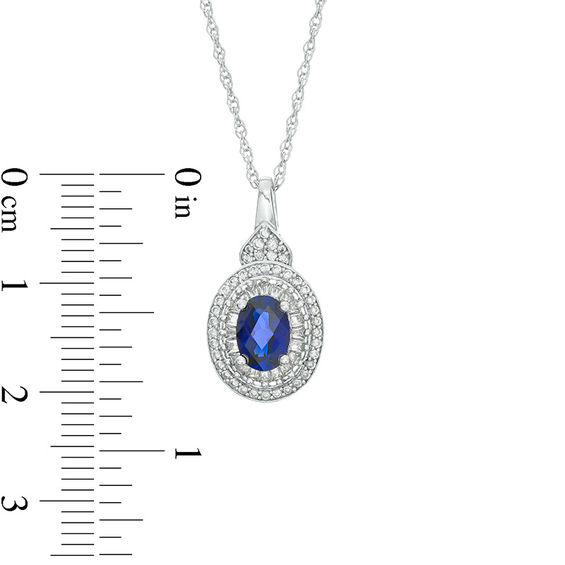 Oval Lab-Created Blue and White Sapphire Double Frame Petal Accent Pendant in Sterling Silver