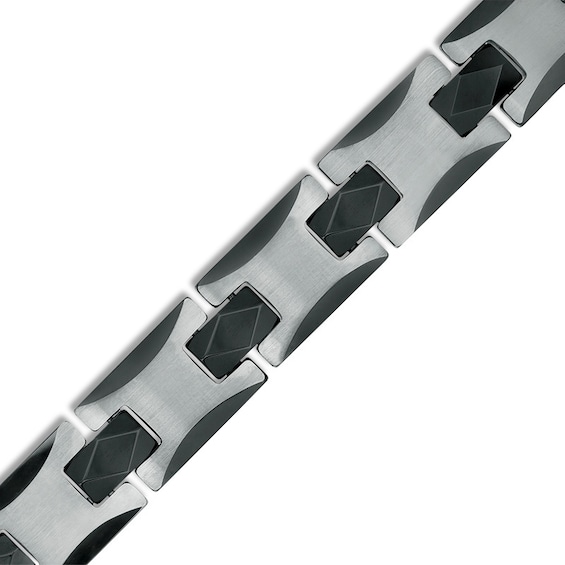 10.5mm Multi-Finish Etched Diamond Link Chain Bracelet in Tungsten and Black IP - 8.5"